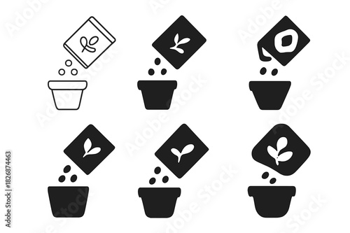 Seed Planting Icons. Planting seeds in pots. Icon set. Set Logo of Planting seeds in pots: seed packet pouring into flowerpot. harmonious logo variations of