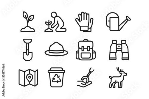 Community Green Icons. Community Green Team. Line icon set of Community Green Team: sapling, tree planting, gloves, watering can, shovel, ranger hat, backpack,