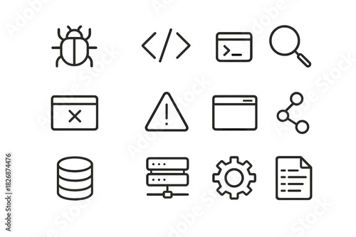 Web Debugging Icons. Web app debugging. Line icon set of Web app debugging: bug, code snippet, console, magnifying glass, error message, warning triangle,