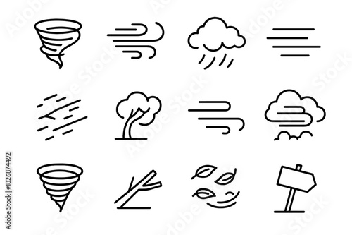 Tornado Icon Set. Tornado formation. Line icon set of Tornado formation: tornado funnel, swirling wind, dust cloud, motion lines, flying debris, bent tree,