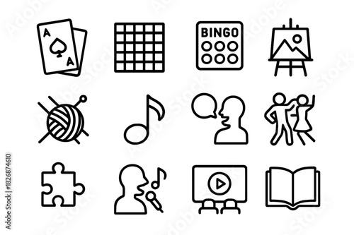 Leisure Icon Set. Leisure and entertainment. Line icon set of Leisure and entertainment: card game, chess board, bingo, painting easel, knitting, music note,