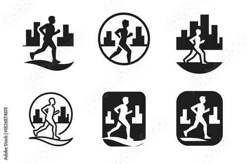 Waterfront Jogger Logos. A person jogging along the waterfront in the city, enjoying the view of the skyline. Icon set. Set Logo of a person jogging along the