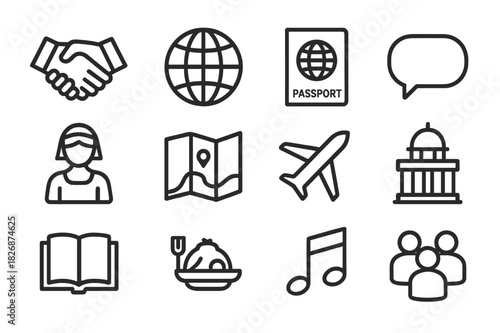 Cultural Exchange Icons. Cultural exchange. Line icon set of cultural exchange: handshake, globe, passport, speech bubble, traditional dress, map, airplane,