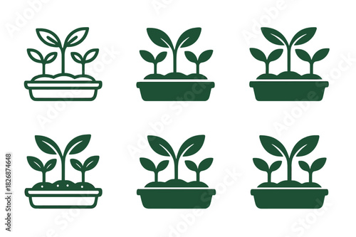 Botanical Logo Icons. Plant nursery. Icon set. Set Logo of botanical growth: plant tray and soil. harmonious logo variations of the same emblematic concept,