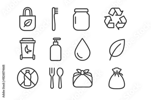 Zero Waste Icons. Zero waste. Line icon set of zero waste: reusable bag, bamboo toothbrush, glass jar, recycling arrows, compost bin, refill bottle, water