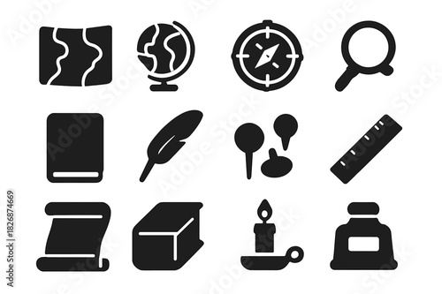 Historical Icons Collection. Historical geography. Solid icon set of Historical geography: old map, globe, compass, magnifying glass, notebook, quill pen, map
