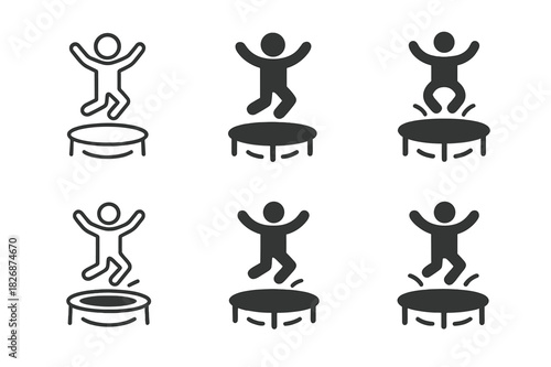 Trampoline Logo Variations. Jumping on a trampoline in a backyard. Icon set. Set Logo of outdoor fun: bouncing motion lines. harmonious logo variations of the