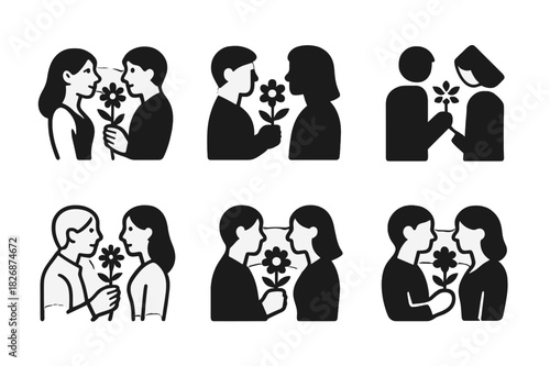 Romantic Logo Variations. Romantic spontaneity in long-term relationships. Icon set. Set Logo of romantic spontaneity in long-term relationships: couple