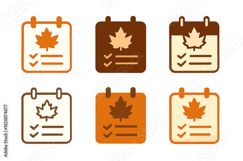 Autumn Cleaning Icons. Autumn home cleaning and organization. Icon set. Set Logo of Autumn home cleaning and organization: wall calendar checklist with tick