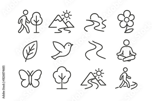 Nature Walk Icons. A person taking a walk in nature, calming their mind and finding peace. Line icon set of a person taking a walk in nature, calming their