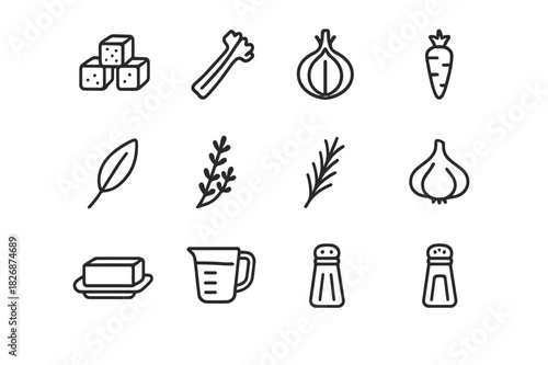 Stuffing Mix Icons. Stuffing Mix Ingredients. Line icon set of Stuffing Mix Ingredients: bread cubes, celery, onion, carrot, sage, thyme, rosemary, garlic,