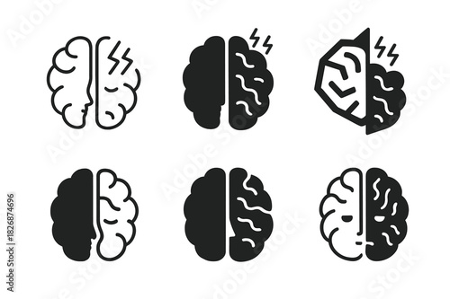 Brain Anxiety Logo Set. The brain's role in anxiety and depression. Icon set. Set Logo of the brain's role in anxiety and depression: human brain divided into
