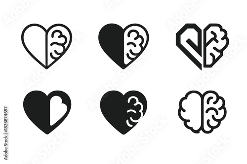 Emotional Synergy Icons. Emotional intelligence leadership. Icon set. Set Logo of Emotional intelligence leadership: heart and brain synergy emblem. harmonious