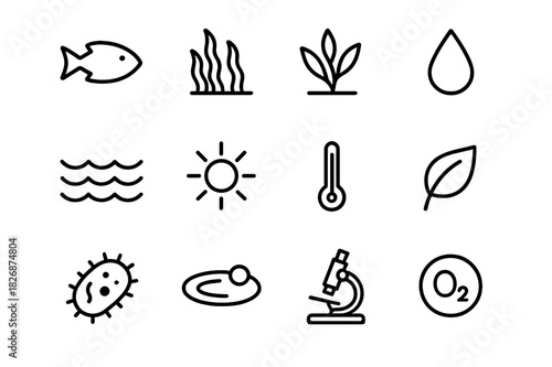 Aquatic Ecosystem Icons. Aquatic ecosystem balance. Line icon set of aquatic ecosystem balance: fish, algae, water plant, droplet, wave, sun, thermometer,