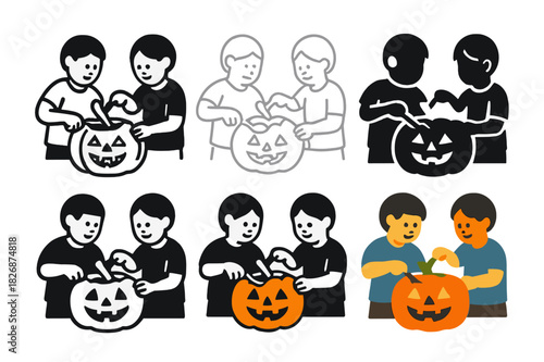 Pumpkin Carving Logos. Children Carving Pumpkins for Halloween. Icon set. Set Logo of Children Carving Pumpkins for Halloween: pumpkin scoop. harmonious logo