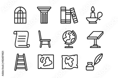 Historic Library Icons. Historic library. Line icon set of historic library: arched window, column, old books, candle lamp, scroll, wooden chair, globe,
