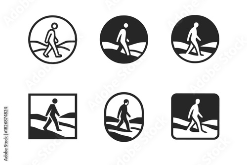 Barren Landscape Logos. Person walking through a barren landscape. Icon set. Set Logo of barren landscape: solitary figure walking on empty land. harmonious
