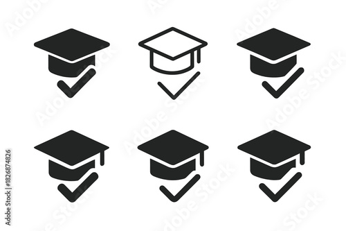 Grading System Logos. Online grading system. Icon set. Set Logo of Online grading system: graduation cap with check. harmonious logo variations of the same