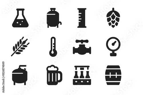 Brewery Icon Set. Brewery. Solid icon set of brewery: beer flask, fermentation tank, measuring cylinder, hops, barley, thermometer, valve, pressure gauge,