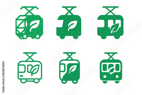 Eco-Friendly Tram Logos. Eco-friendly transportation. Icon set. Set Logo of Eco-friendly transportation: tram with overhead pantograph. harmonious logo