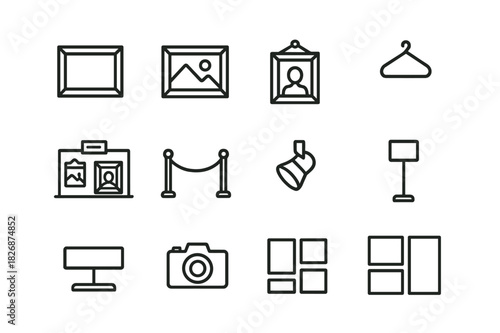 Picture Gallery Icons. Picture gallery. Line icon set of picture gallery: art frame, landscape frame, portrait frame, hanging hook, museum wall, rope barrier,