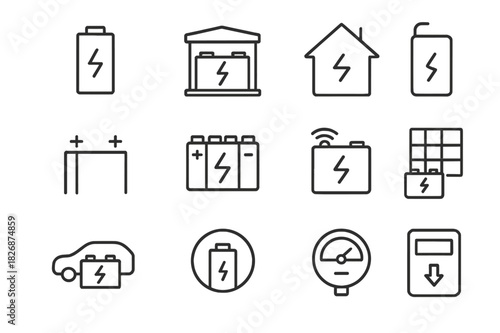 Energy Storage Icons. Energy storage. Line icon set of energy storage: battery pack, electric plug, lightning bolt, solar panel, wind turbine, control unit,
