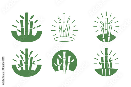 Bamboo Logo Variations. bamboo forests. Icon set. Set Logo of bamboo forests: bamboo cluster with sunlight. harmonious logo variations of the same emblematic