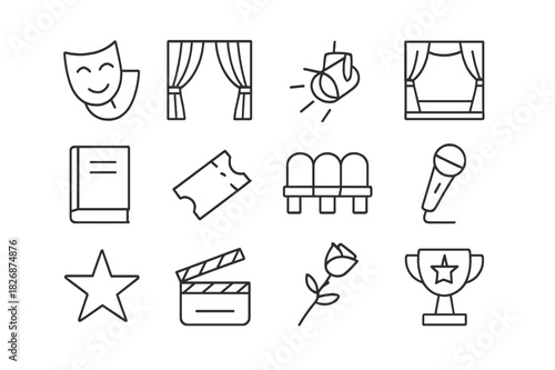 Theater Icon Collection. Theater performance. Line icon set of theater performance: mask pair, curtain, spotlight, stage, script, ticket, chair row,