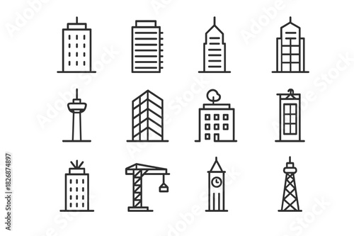 Tower Icon Set. Tower architecture. Line icon set of Tower architecture: office building, residential tower, skyscraper, mixed-use tower, observation deck,