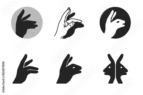 Shadows and Light Icons. Shadows and light. Icon set. Set Logo of Shadows and light: hand shadow puppets on wall. harmonious logo variations of the same