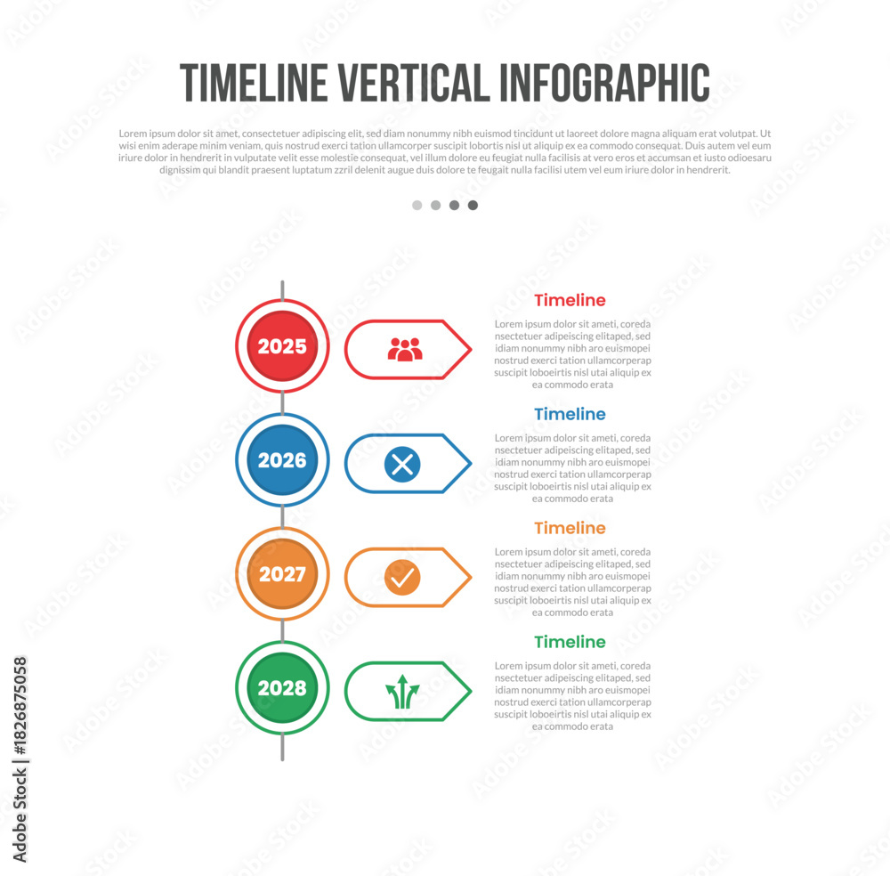 Fototapeta premium Timeline vertical base shape infographics template diagram with big circle and arrow stacked list with 4 point step creative simple flat outline