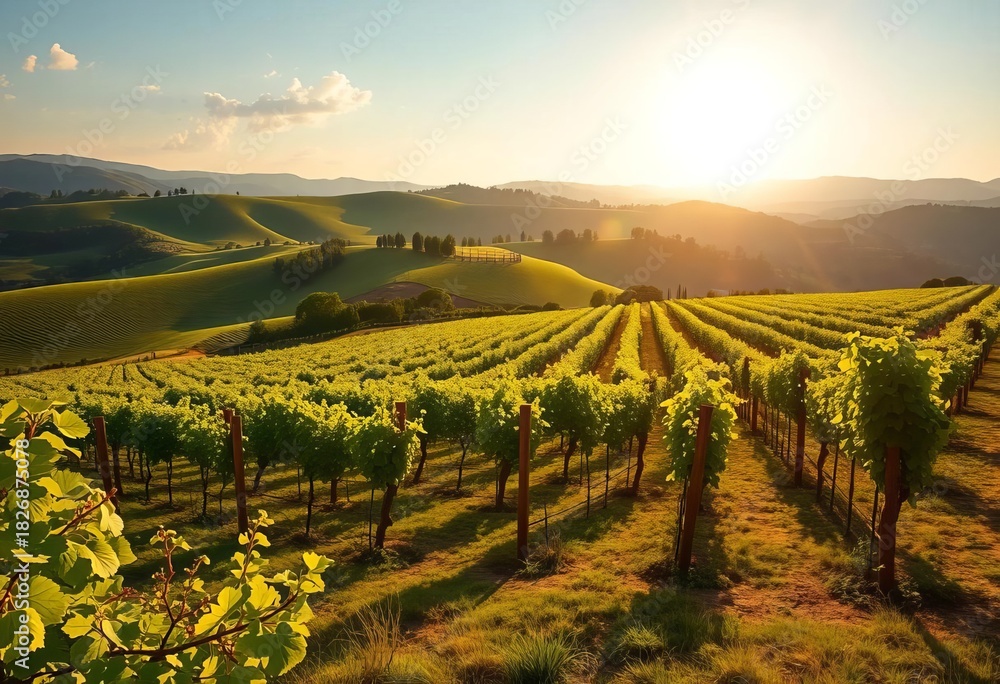 Fototapeta premium Sun-drenched rows of grapevines on rolling hills, lush green foliage, autumn, tranquil