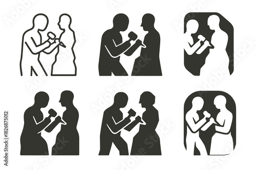 Sculptor Icon Set. Sculptor working on a stone statue. Icon set. Set Logo of sculptor working on a stone statue: sculptor with chisel. harmonious