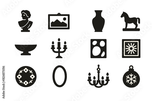 Elegant Decor Icons. Elegant decor. Solid icon set of Elegant decor: sculpture, painting, vase, figurine, decorative bowl, candleholder, art piece, wall art,