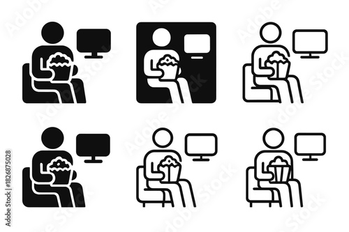 TV Relaxation Icons. Watching Your Favorite TV Show or Movie with Popcorn. Icon set. Set Logo of relaxation time: person sitting with popcorn watching TV.