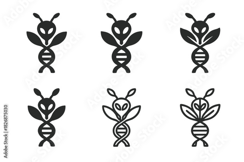 Space Colonization Logos. Genetic Engineering for Space Colonization. Icon set. Set Logo of terraforming biology: DNA strand merging with alien