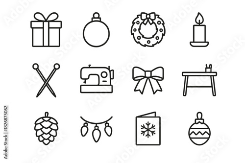 Creative Market Icons. Creative market items. Line icon set of Creative market items: gift box, ornament ball, wreath, candle, knitting needles, sewing