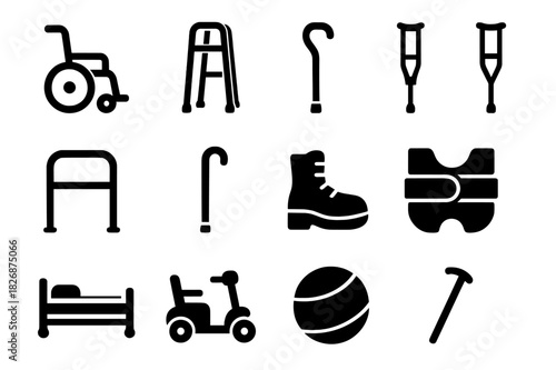 Rehabilitation Aids Icons. Rehabilitation aids. Solid icon set of Rehabilitation aids: wheelchair, walker, cane, crutches, handrail, grab bar, orthopedic shoe,