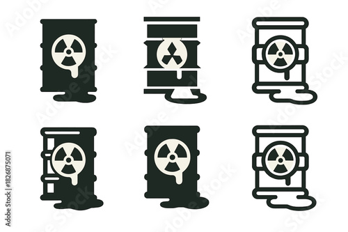 Toxic Barrel Logos. toxic waste barrels. Icon set. Set Logo of toxic waste barrels: leaking barrel with warning sign. harmonious logo variations of the same