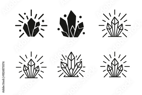 Energetic Crystal Logos. Explosion of energy from crystals. Icon set. Set Logo of crystal energy: energetic crystal aura. harmonious logo variations of the