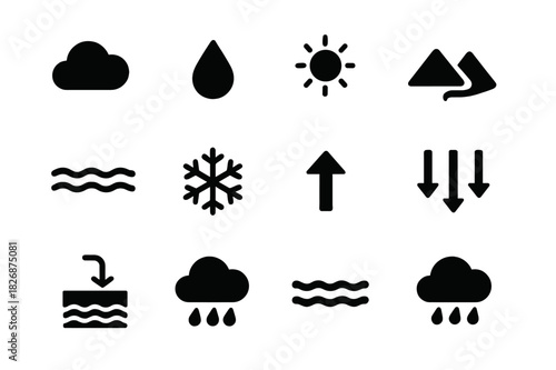 Rain Cycle Icons. Rainfall cycle. Solid icon set of Rainfall cycle: cloud, raindrop, sun, mountain, river, ocean, snowflake, condensation arrow, evaporation