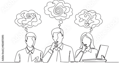 Business team thinking line art, brainstorming, problem-solving, ideas.