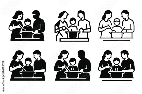 Family Cooking Icons. cooking together as a family. Icon set. Set Logo of cooking together as a family: parents and child cooking. harmonious logo variations