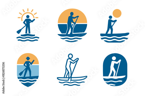 Water Sports Logos. Water sports. Icon set. Set Logo of water sports: paddleboarder on calm waves under the sun. harmonious logo variations of the same