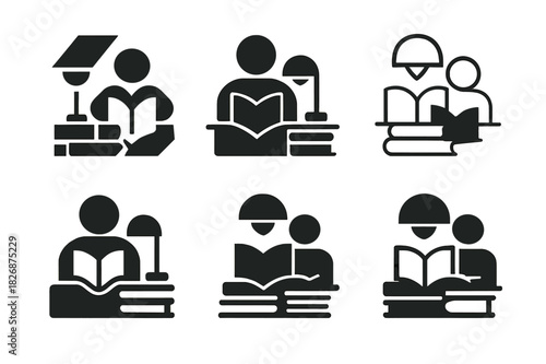 Self-Help Reading Icons. A person reading a self-help book at a cafe or library. Icon set. Set Logo of A person reading a self-help book at a cafe or library: