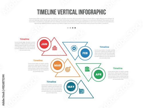 Timeline vertical base shape infographics template diagram with triangle combination with locked position on skew line with 5 point step creative simple flat outline