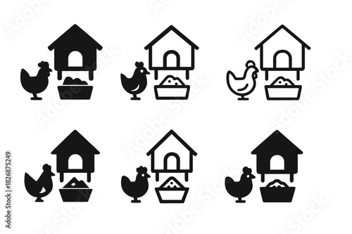 Chicken Coop Logos. Chicken Coop. Icon set. Set Logo of Chicken Coop: grain feeder. harmonious logo variations of the same emblematic concept, each with