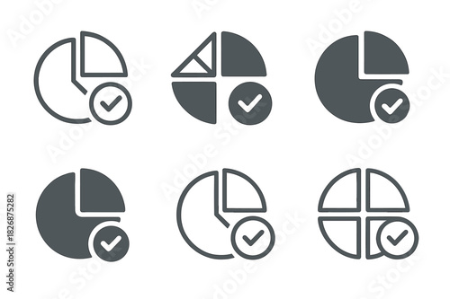 Online Grading Icons. Online grading system. Icon set. Set Logo of Online grading system: analytics pie chart with tick. harmonious logo variations of the same