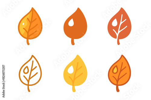 Autumn Leaf Logos. Autumn leaves. Icon set. Set Logo of Autumn leaves: leaf with dewdrop on veins. harmonious logo variations of the same emblematic concept,