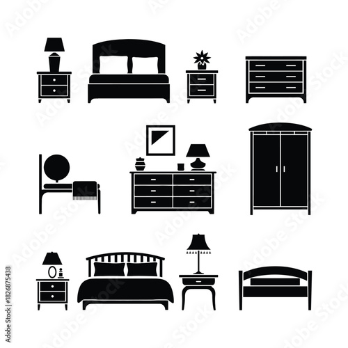Black silhouettes of bedroom furniture including beds dressers and nightstands